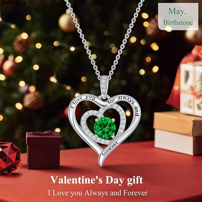 S925 Sterling Silver Necklace for Women, Valentines Day Gifts for Her, Love Heart Birthstone Necklaces for Women, Wife Jewelry, Mom Birthday Valentines Mothers Day Gifts, Girlfriend Necklaces, Daughter Heart Jewel, Anniversary for Her