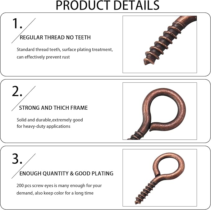 200 Pcs Metal Screw Eye Pins Hooks 0.55inch/7X14mm Heavy Duty Screw Eye Pins for DIY Jewelry Making Red Copper Plated Eye Bolt Arts & Crafts Project