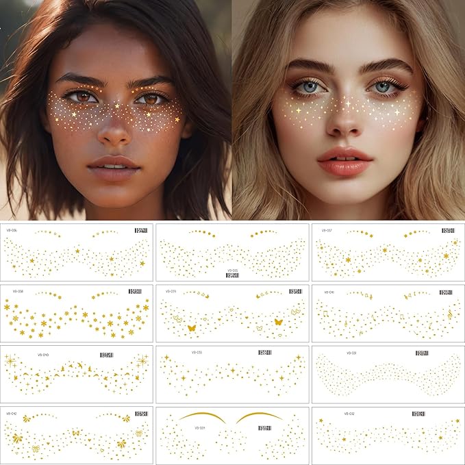 12 Pcs Gold Glitter Freckle Face Tattoo, Glitter Freckles Metallic Face Temporary Tattoo Sticker, Sparkle Makeup Patches Waterproof Gold Freckles Face Tattoos Stickers for Women Party Decor 654