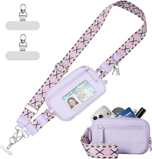 Clip and Go Strap for Phone with Wallet Crossbody Phone Lanyard with Anti-Theft Zipper Pouch Detachable Quilted Wrist Wallet with RFID and ID Window for Daily Travel. Purple Large