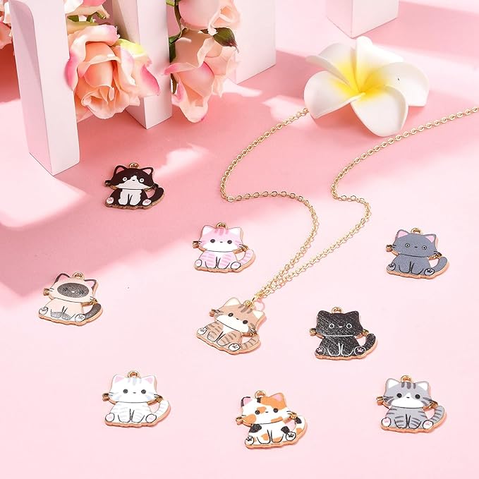 Stiesy 45 Pcs 9 Colors Enamel Cat Charms for Jewelry Making Kawaii Printed Kitten Animal Bracelet Charms for Jewelry Making Crafts DIY Necklace Earring