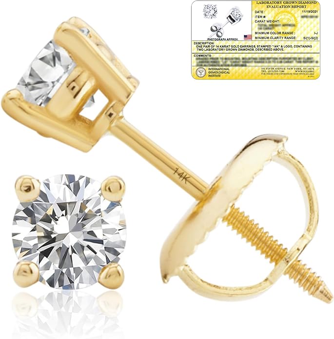 1/4-2 Carat IGI Certified Lab Grown Diamond Stud Earrings | Solitaire Real Diamonds Earring for Women in I-J Color & SI1-SI2 Clarity | 14K Gold Diamond Studs with Secure Backs by MAX + STONE