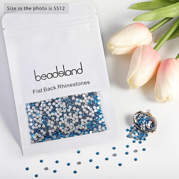 beadsland Flat Back Crystal Rhinestones Round Gems for Nail Art and Craft Glue Fix, Capri Blue (2.9-3.0mm) SS12/1440pcs