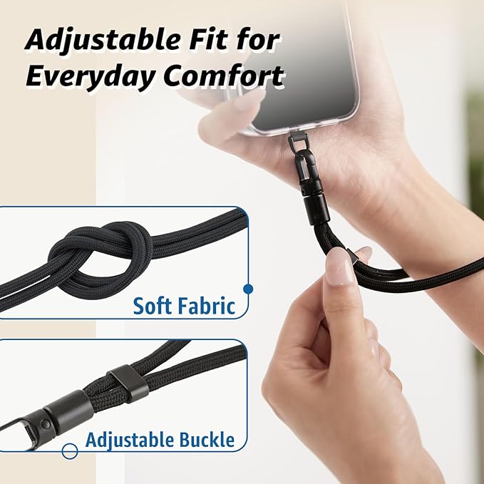 Phone Wrist Strap for iPhone & Samsung – 6mm Lanyard with 2 Non-Adhesive Tether Tabs | Secure Hand Strap for Men & Women (Case Required, for Smartphones) – Shadow Black