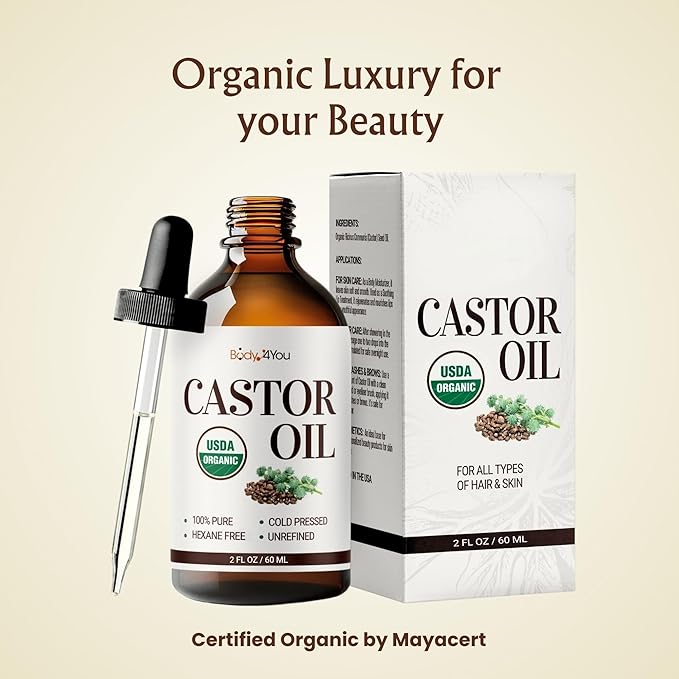 BodyJ4You Organic Castor Oil - 100% Pure Natural Cold Pressed USDA Certified Organic - Hexane Free Unrefined Non GMO - Lashes & Eyebrow Kit Mascara Tube Brush Wand Hydrating Oil - Glass Bottle 2oz