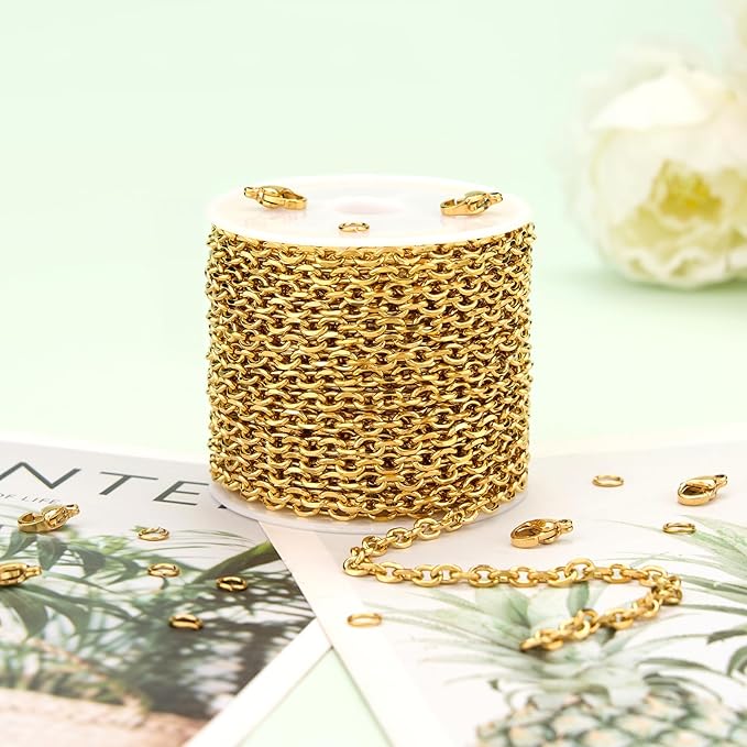 UMAOKANG 16.4 Feet Gold Plated Chains for Jewelry Making Stainless Steel Cable Jewelry Chain Roll with Jewelry Findings