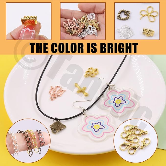 Tanstic 430Pcs Gold Ribbon Ends Fastener Clasps Kit, Bookmark Pinch Crimp Ends with Open Jump Rings, Lobster Claw Clasps, Chain Extenders and Pendant Charms for DIY Crafts