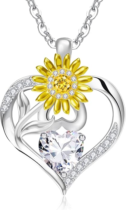 RIVIKO Valentine's Day Gifts for Her-Sunflower Birthstone Necklace for Women,925 Sterling Silver Heart Pendant,Anniversary Birthday Gifts for Women,Birthstone Jewelry for Wife Mother