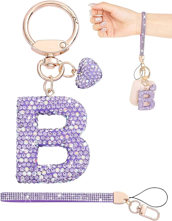 Initial Keychain for Women Girls,Bling Letter Key chain Initial with Heart,Pink Keychain Charms for Backpack Handbag