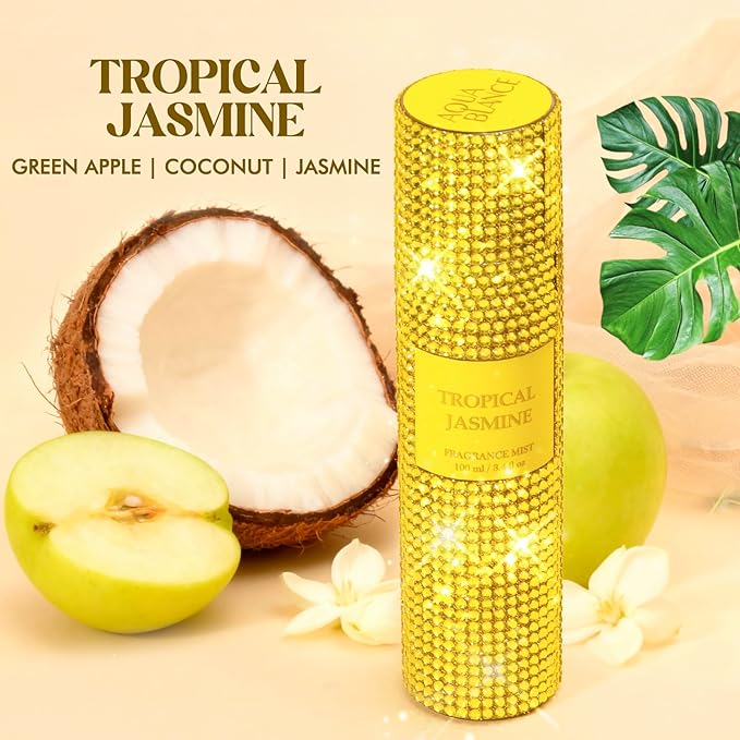 AQUA BLANCE Body Spray for Women, Tropical Jasmine, Diamond embellished Fragrance Mist, 3.4 fl oz, Notes of Coconut, Green Apple, Jasmine