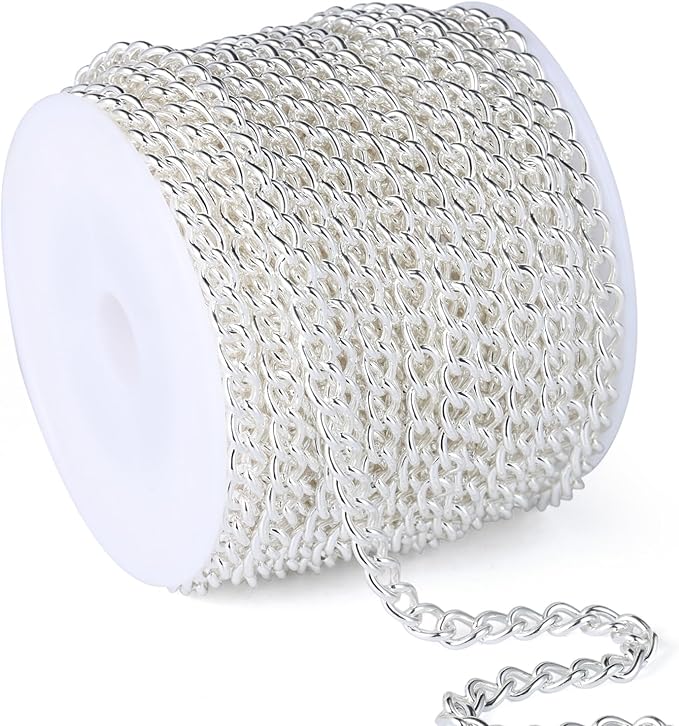 33 Feet Silver Curb Chains Bulk, 4mm Silver Plated 304 Stainless Steel Twisted Link Chains Roll Spool for Jewelry Making DIY Craft