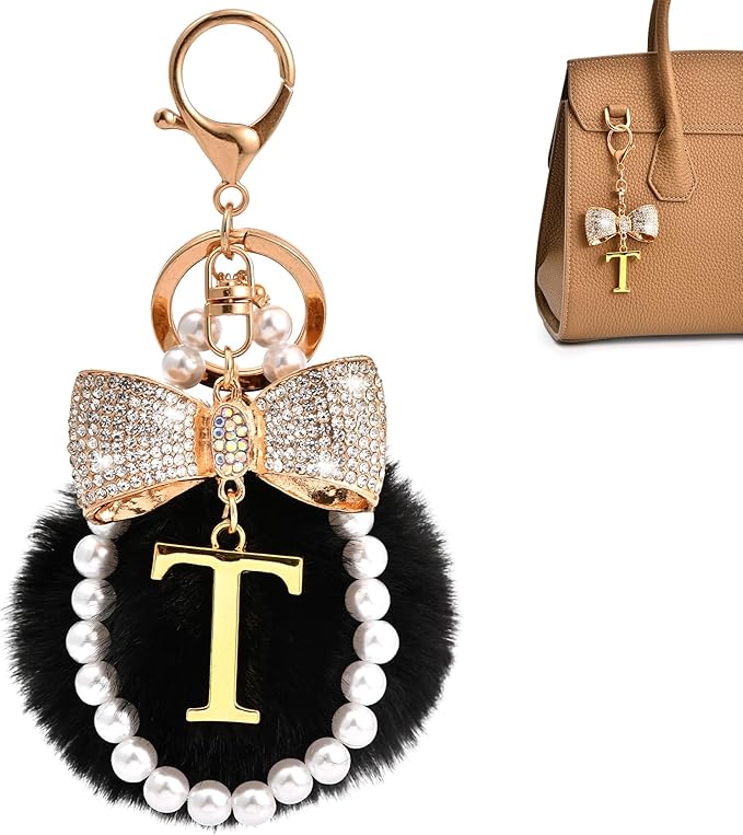 Gold Initial Keychain with Rhinestone Bow & Black Pom Pom, Cute Letter Bag Charm for Women Purse and Car Keys