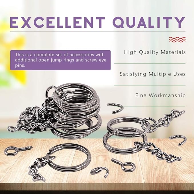Swpeet 450Pcs 4/5 Inch 20mm Black Flat Key Chain Rings Kit, Including 150Pcs Split Keychain Rings with Chain and 150Pcs Jump Ring with 150Pcs Screw Eye Pins Bulk for Jewelry Findings Making