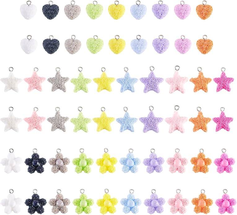 Resin Love Heart Star Flower Charms Colorful Heart Floral Pentagram Pendants Cute Hang Ornament for DIY Crafts Necklace Bracelet Keychain Jewelry Making