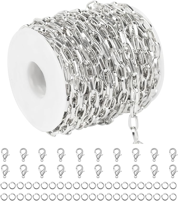 33 Feet Aluminum Chains for Jewelry Making Silver Plated Paperclip Necklace Chain Handmade DIY Chains Bulk with Jump Rings and Lobster Clasps