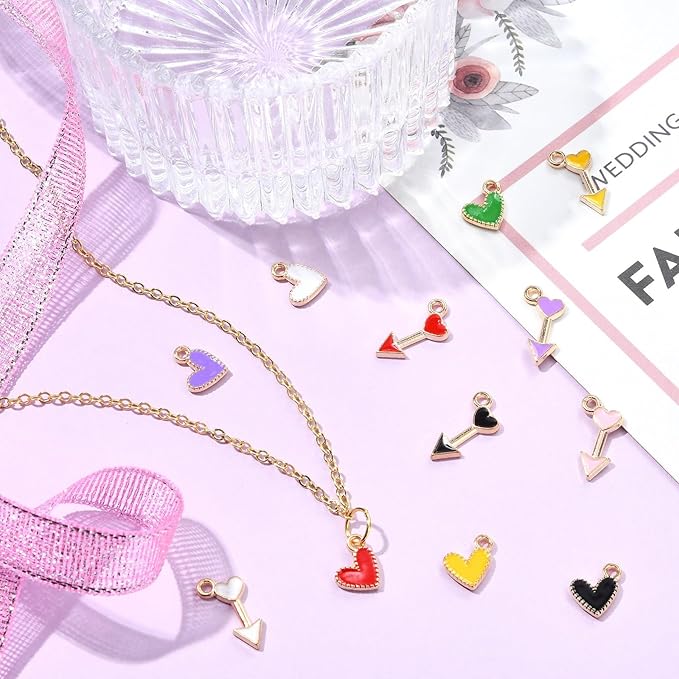 Stiesy 60 Pcs 12 Styles Romantic Enamel Heart & Arrow Charms Alloy Golden Dangle Pendants Charms Bulk For Women Jewelry Making Earrings Necklace Bracelets DIY Crafts Supplies