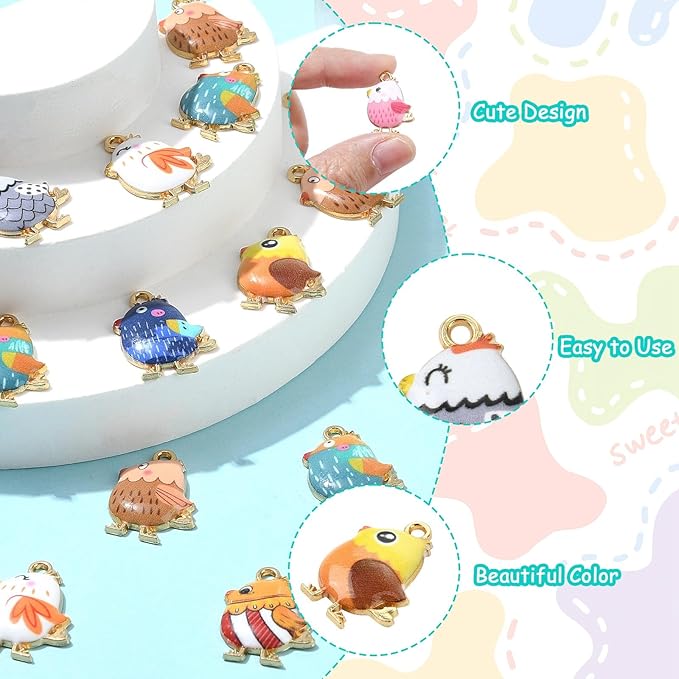 Stiesy 40 Pcs 8 Colors Enamel Colorful Printed Chick Charms Cute Farm Animal Alloy Pendant Charm Bulk for Jewelry Making DIY Necklace Bracelet Crafting