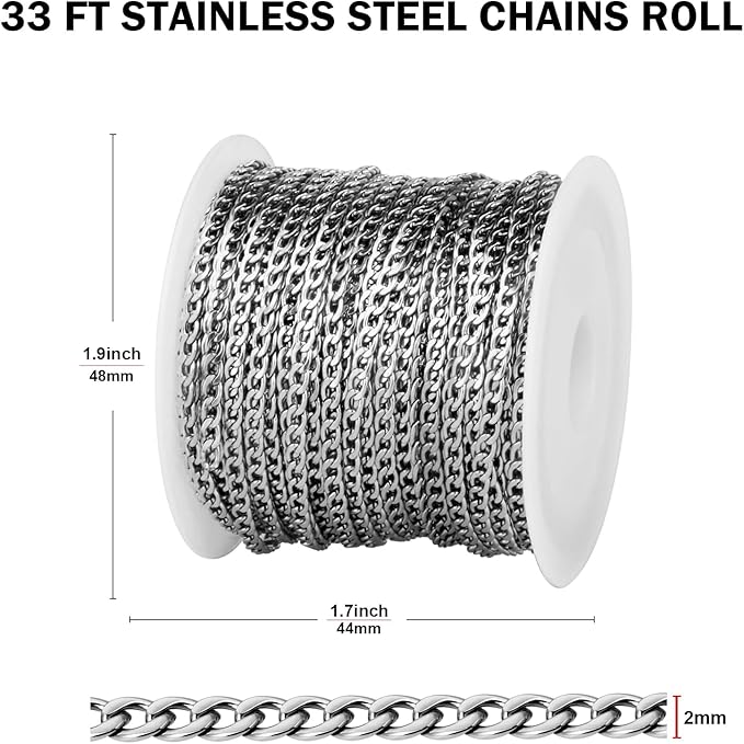 [33FT] Stainless Steel Curb Chains for Jewelry Making, 2mm Wide 304 Stainless Steel Cuban Link Chain Roll Bulk for DIY Jewelry Making Craft