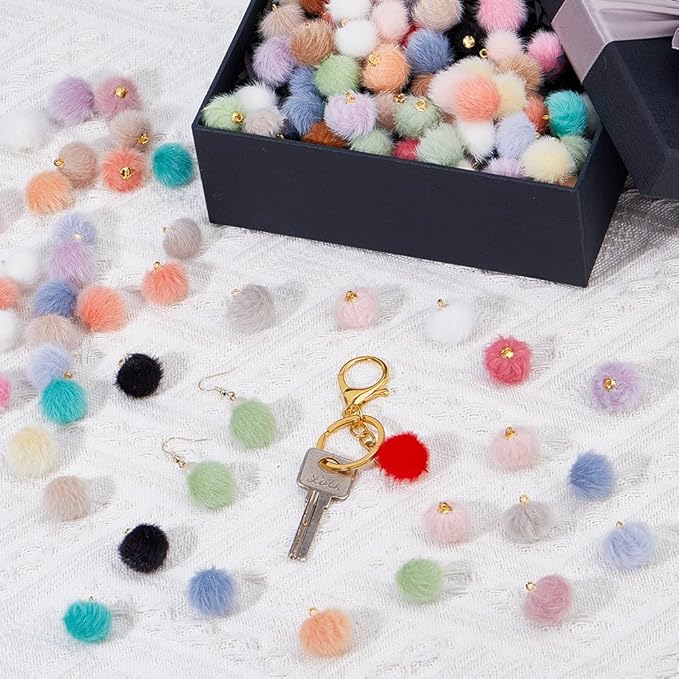 100pcs Pom Poms Ball Charms Colorful Fluffy Plush Balls with Tiny Loop Round Faux Fur Fluffy Pendant Ball Charms for Keychain Earring Necklace