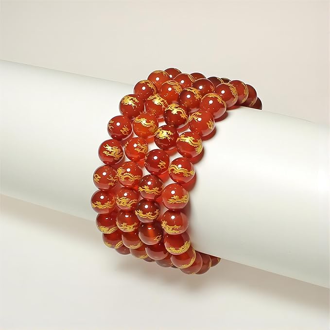 MJDCB Natural Stone Beads 10mm 35pcs Round Red Agate Carved Dragon Loose Gemstone Bead Charms for Jewelry Making Bracelet Necklace Earring Pendant