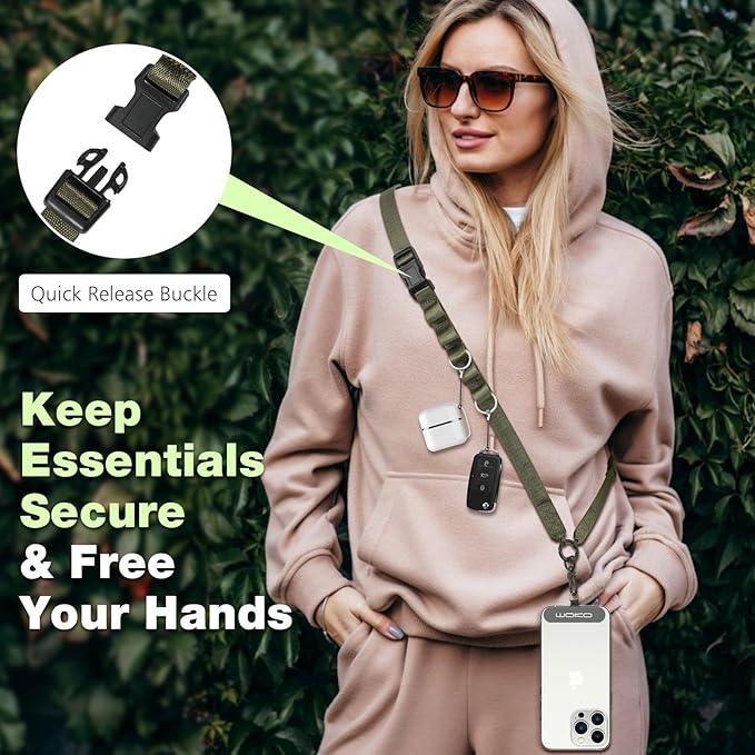 MoKo Universal Phone Lanyard, Nylon Adjustable Cell Phone Crossbody Strap Detachable Women & Men Cellphone Lanyards Around the Neck with Patches for iPhone, Most Smartphone, Army Green