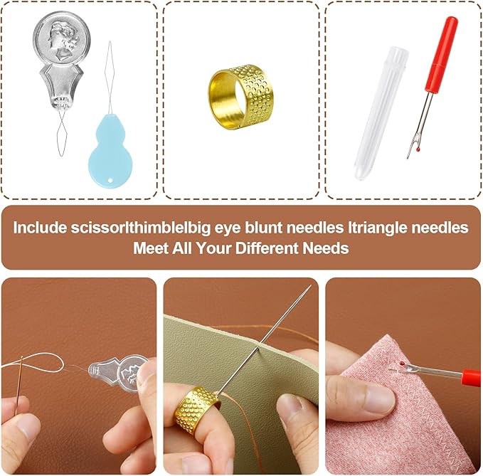 FIVEIZERO Heavy Duty Hand Sewing Needles Set - Large Eye Leather Sewing Needles for Hand Stitching,Upholstery, Carpet,and Canvas Repair, Including Curved Sewing Needles and Needle Threaders