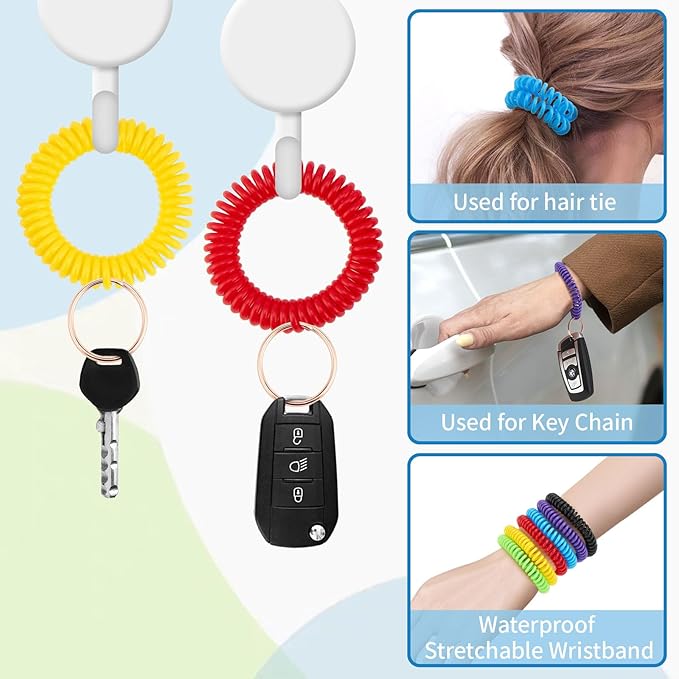 Spiral Keychain Stretchy Wrist Coil Bracelet Key Chain Waterproof Wristlet Key Holder for Pool, Sauna, Sports, Gym