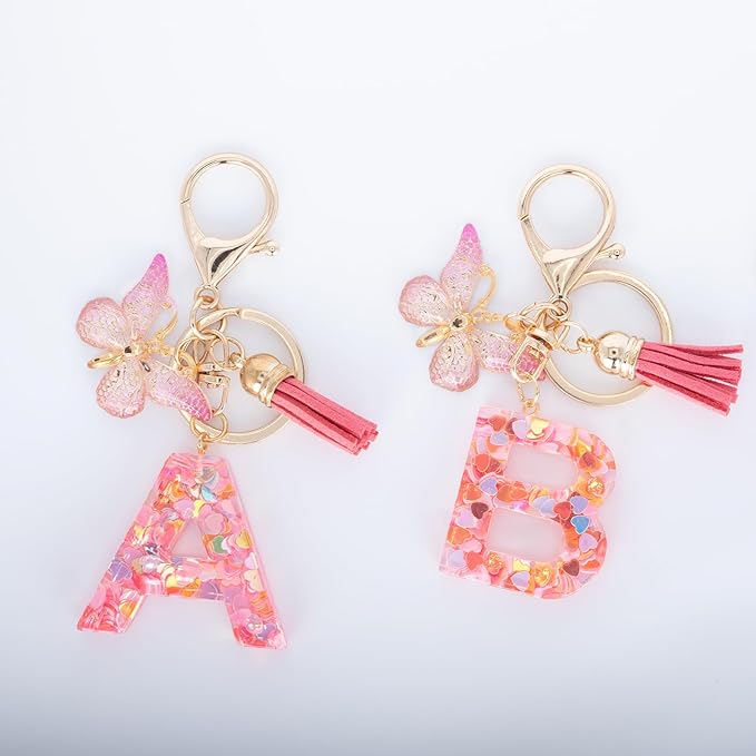 Initial Keychain Cute Pink Resin Letter and Butterfly Charms Keychains for Backpack Purses