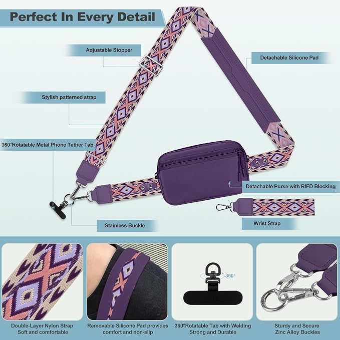 Clip and Go Strap for Phone with Wallet Crossbody, Adjustable Phone Lanyard with Detachable RFID Wristlet Wallet, Pattern Strap - Dark Purple (L)