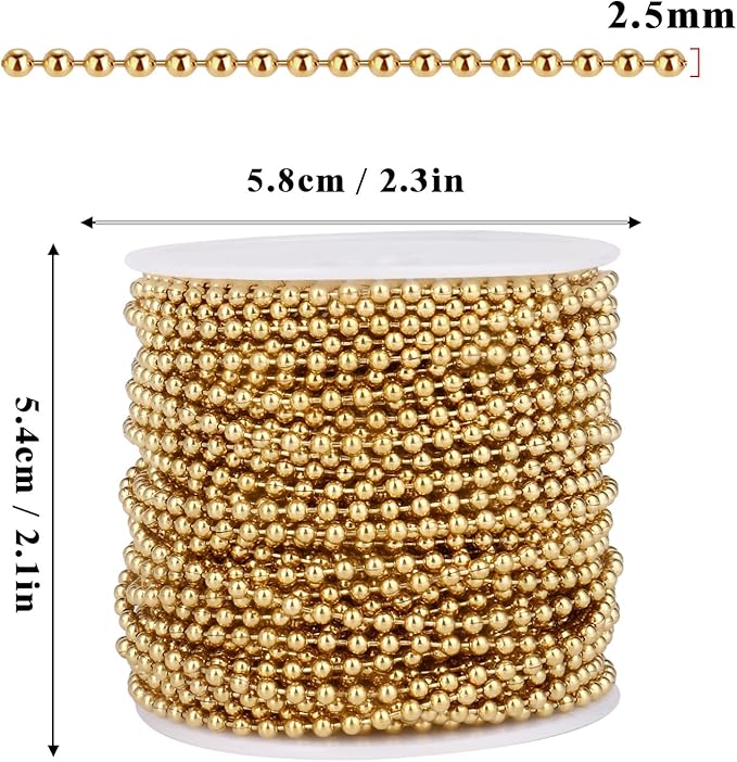 50FT 18K Gold PVD Plated Ball Bead Chains Roll, 2.4mm Gold Stainless Steel Ball Beaded Chains Spool with 30 PCS Connectors Bulk for Jewelry Making