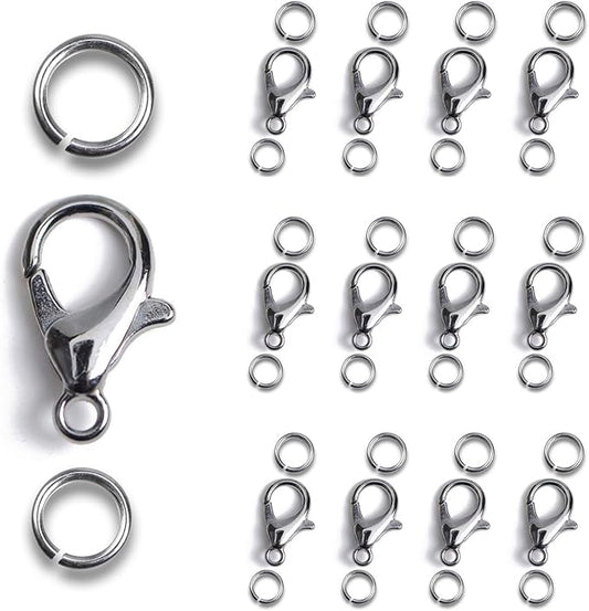 AD Beads 50 Pieces Lobster Claws Clasps Plus 100 Pieces 7mm Open Jump Rings Suitable for Necklace Bracelets Jewelry (8x15mm, Gunmetal)