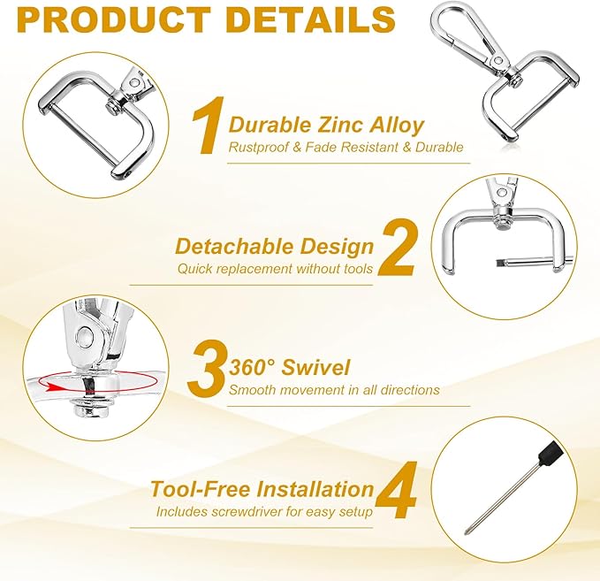 YELARXI Swivel Clasps Hook, 1-1/4 Inch ID Detachable Snap Hook W/Screw Bar D Ring Claw Clasp with Screwdriver for Lanyard Bag Leather Craft Purse Hardware DIY Bag (4 Pack, Silver White)