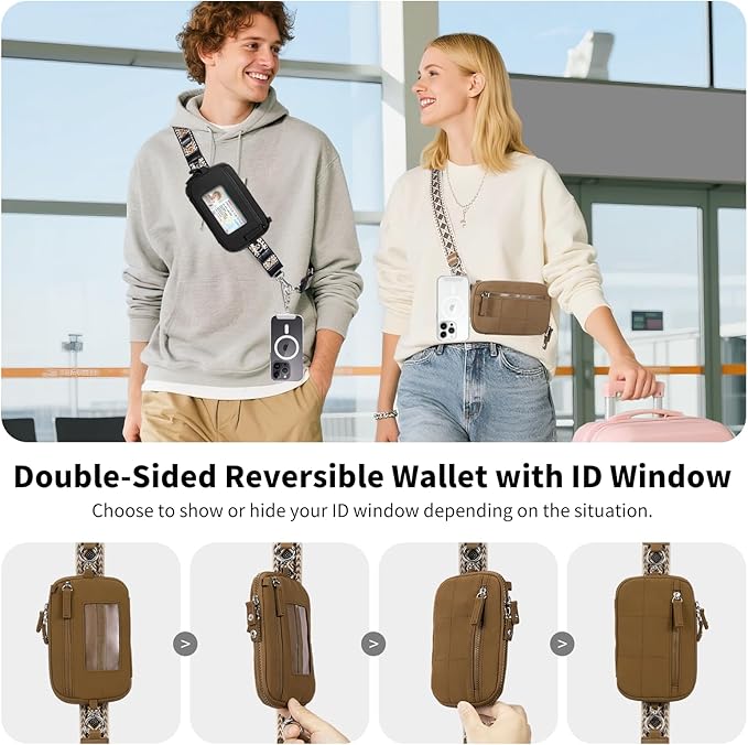 Clip and Go Strap for Phone with Wallet Crossbody Phone Lanyard with Anti-Theft Zipper Pouch Detachable Quilted Wrist Wallet with RFID and ID Window for Daily Travel. Brown Large