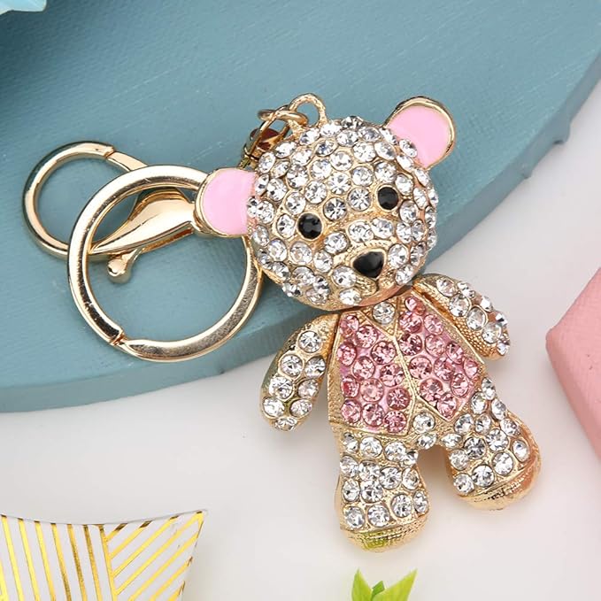 Cute Bear Key Ring Rhinestone, Pink Decorative Cartoon Metal Key Chain Lovely for Student Backpack Women Birthday Gift