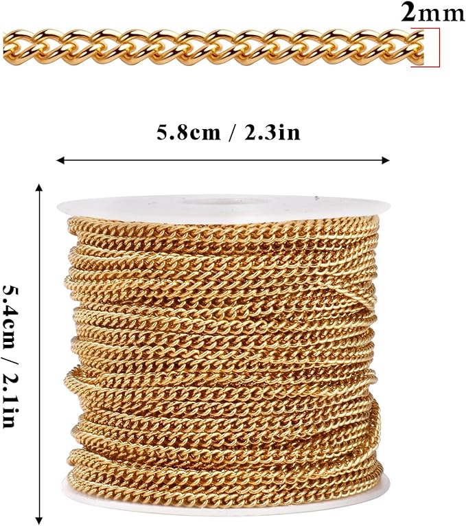 33 Feet 18K Gold PVD Plated Stainless Steel Curb Chain Bulk, 2mm 304 Stainless Steel Flat Twisted Link Chains Roll Spool for Jewelry Making Necklace DIY Craft