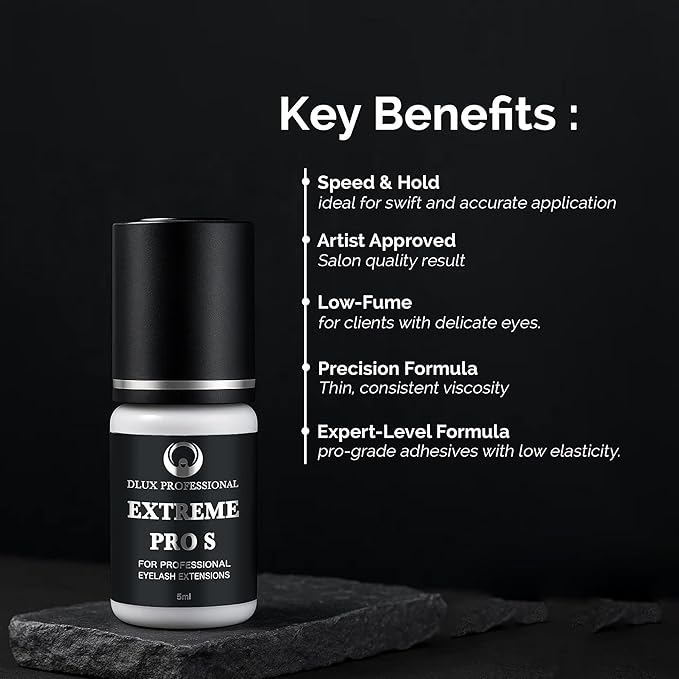 DLUX PROFESSIONAL Eyelash Extension Glue for Professionals - 8 Weeks Retention, 1 Sec Drying Time, Latex Free Semi Permanent Individual & Volume Lash Extension Glue Black