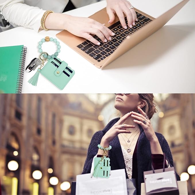 Keychain Wallet Wristlet Small Credit Card Holder Bracelet Key Chain Purse Bangle Tassel Beads Key Rings for Women