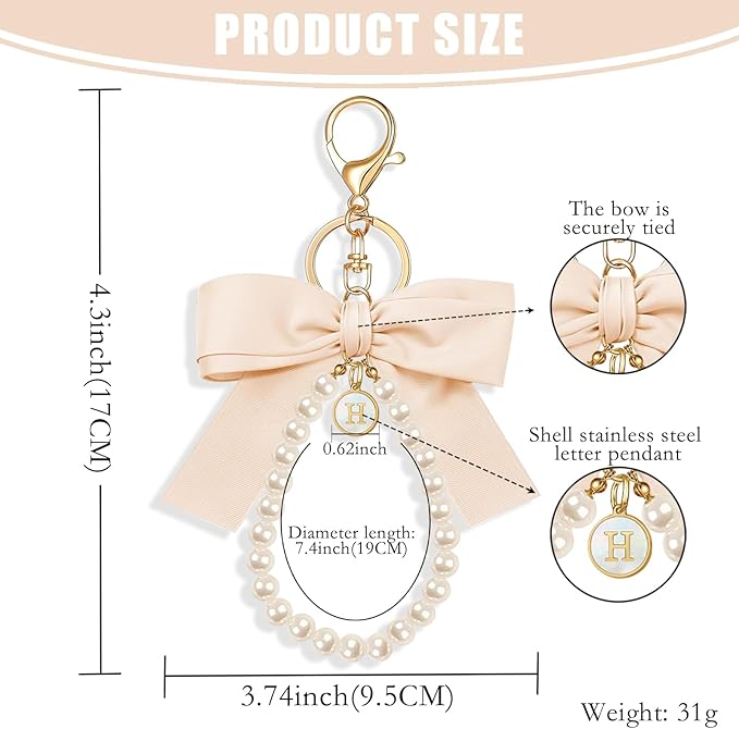 XGALBLA Initial Letter Cute Coquette Bow Keychain for Women, Wristlet Simulated Pearl Keychains Bag Charms for Handbags