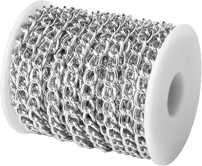 [33ft] Silver Chain for Jewelry Making, 7mm Wide Silver Aluminum Curb Link Chain Roll Bulk for DIY Jewelry Making Craft