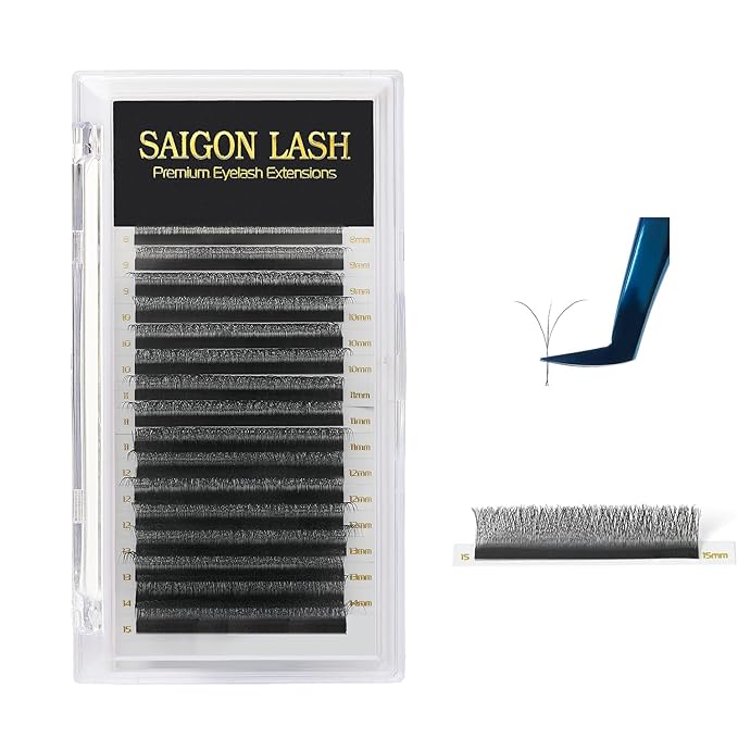 SAIGON LASH W-Shaped Eyelash Extensions, 3D Premade Fan Lashes 0.07 B C CC D DD Curl, Matte Black Volume Lash Extensions, Easy Fanning Lash Tray, 8–15mm Mixed Length, 16 Rows (W Lash B-0.07)