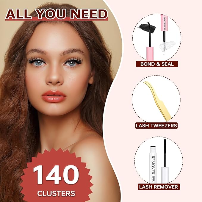JOLIETIFY Lash Extension Kit, Medium Dense, DIY Faux Mink Cluster Lashes 8-16mm, Waterproof Bond & Seal, Reusable Individual Lashes, Eyelash Tweezers & Remover, Easy to Apply for Beginners