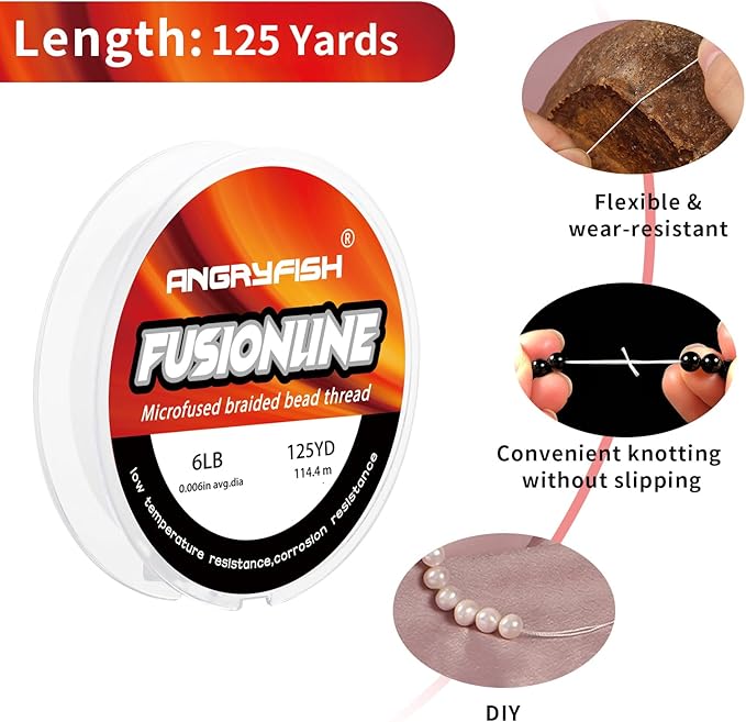 ANGRYFISH Fusionline Micro-Fused Braided Thread,Unbelievably High Tensile Strength,Not Stretch,Super Strong Stringing Material for Bracelet (Crystal, 4lb,0.005in-125yd)