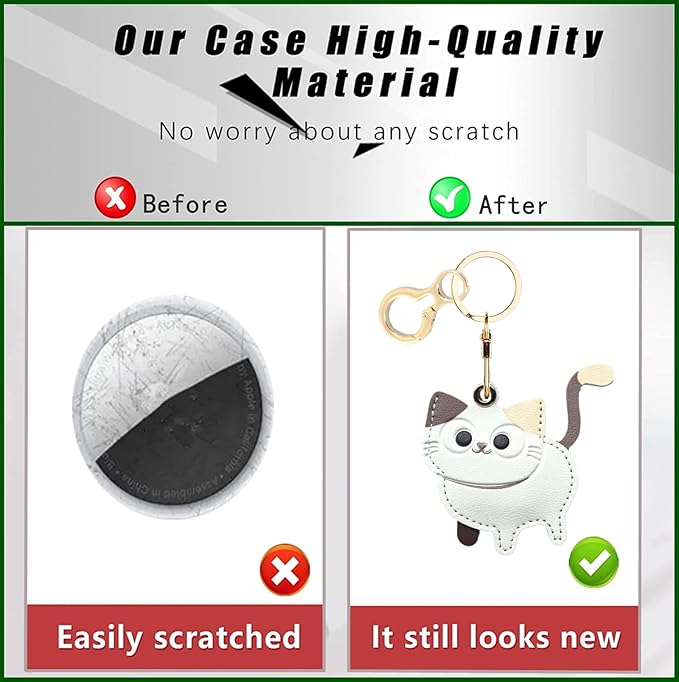 Leather Keychain Holder Case Compatible with AirTag,Cute Protective Cover with Keyring,Anti-Scratch Finder GPS Tracker Case for Wallet Keys,Bag,Pets(Cat A)