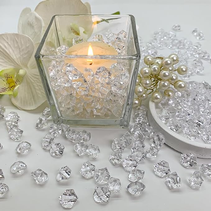 HappyFiller Fake Ice Cubes 700 PCS Clear Acrylic Rocks Vase Fillers for Centerpieces,Crystal Gems Stones Dazzlers Diamonds for Decor Photography Prop,Arts Crafts,Table Scatter,Home Decoration