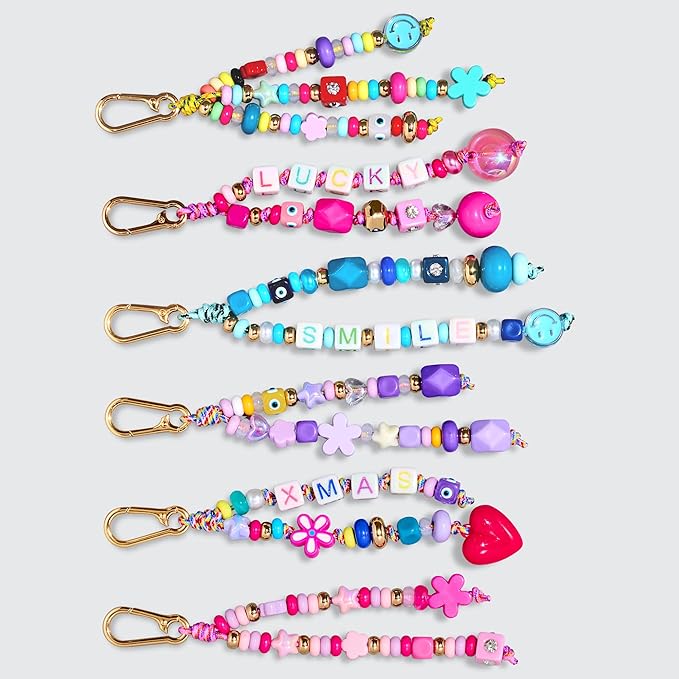 MINIMISSMIANYC Bead Bag Charm Kit for Girls,Big Colorful Beaded Heart Flower Letter A-Z Keychain Making Kit Key Chain DIY Charm Supplies Carft Accessoriess Jewelry for Women Kids Boys