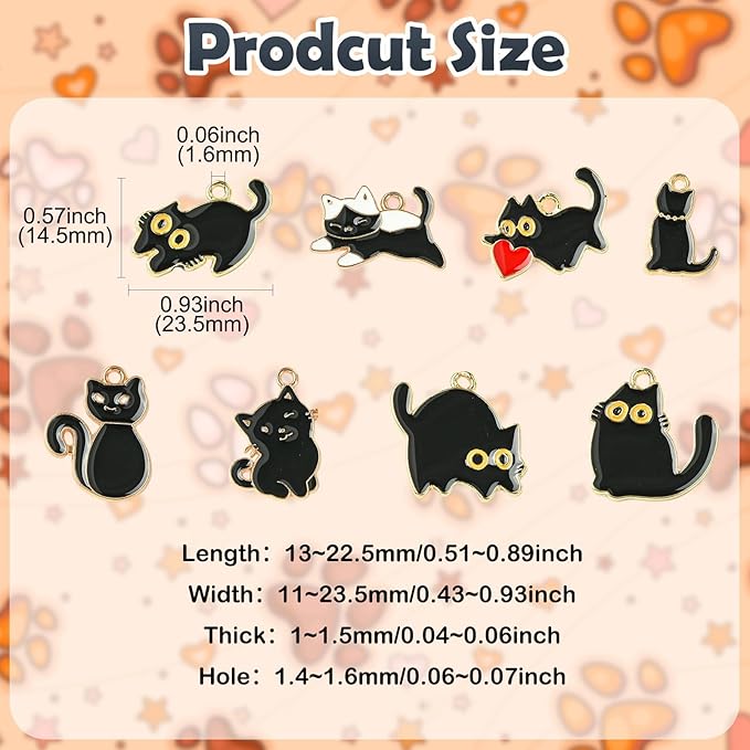 Stiesy 40 Pcs 8 Styles Enamel Black Cat Charms for Jewelry Making Kawaii Animal Kitten with Red Heart Dangle Charms Pendant Bulk for Crafting DIY Necklace Bracelet Earring Presents