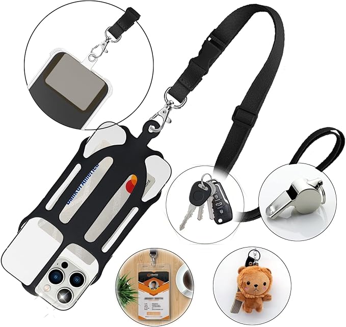 Phone Lanyard, Phone Lanyards for Around the Neck, 2 in 1 Phone Strap with Silicone Phone Holder and Patch, Fits iPhone and Most Cell Phones (Black)