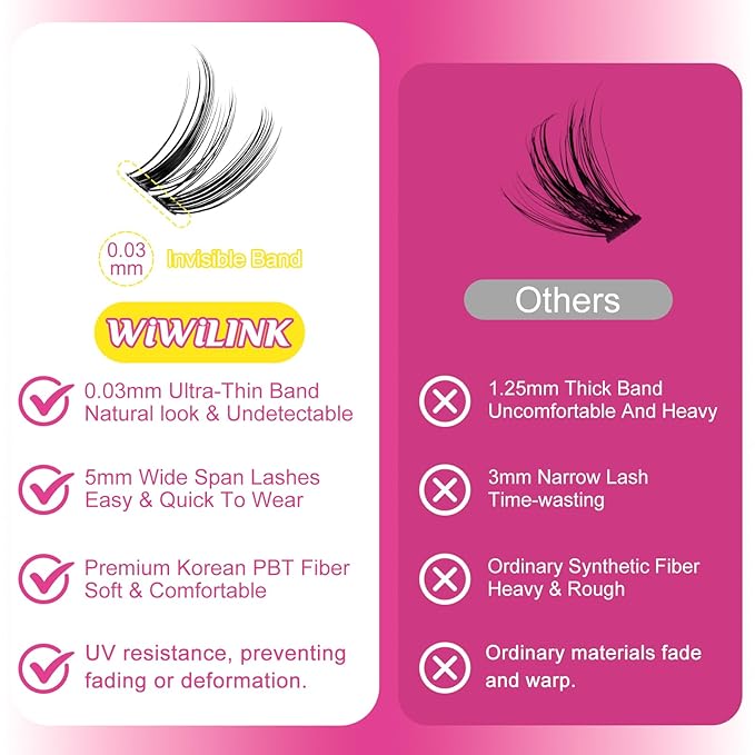 WiWiLINK Wispy Lash Clusters 8-14mm Spike Eyelash Clusters D Curl DIY Lash Extension with Spikes 0.03mm -Invisible Band Natural Individual Cluster Eyelashes, Freya Short