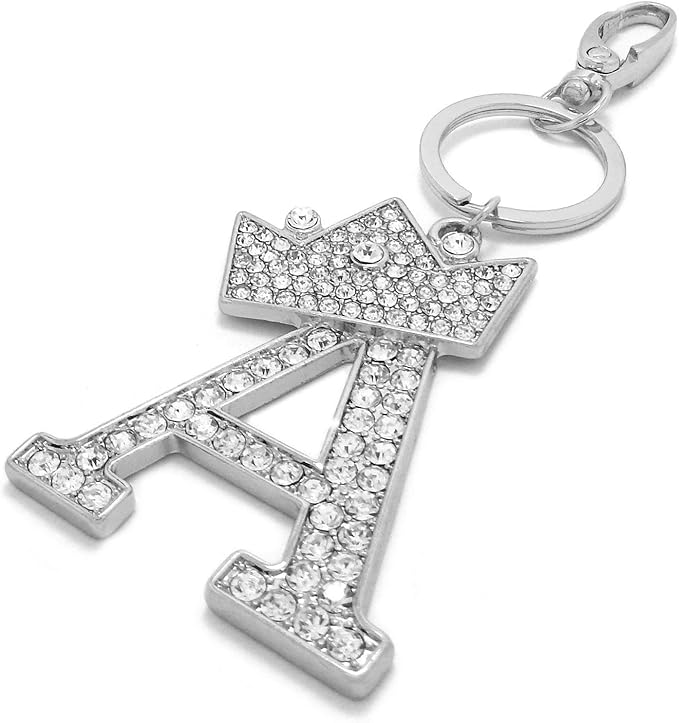 CBC Crown Crystal Rhinestone Letter Initial Keychain, Gold Metal, Bag Charm with Key Ring Approx. 2.17" x 2.56"