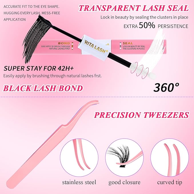 Lash Clusters Kit Eyelash Clusters Kit 4 Boxes + 1 Colorful Cluster Eyelash Extensions Pestañas Postizas Naturales with Lash Bond and Seal*2,Remover*2,Tweezers*2,Mascara Brush*2(13 Counts Lash Kit)